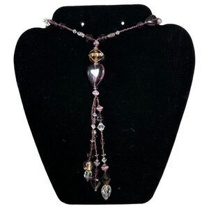 Sunya Currie Glass Bead Heart Handpainted Hand Painted Knot Necklace Purple